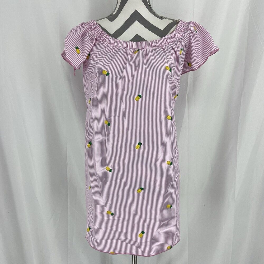 Miley & Molly Sz S Embroidered Pineapple Pink Striped Off Shoulder Dress